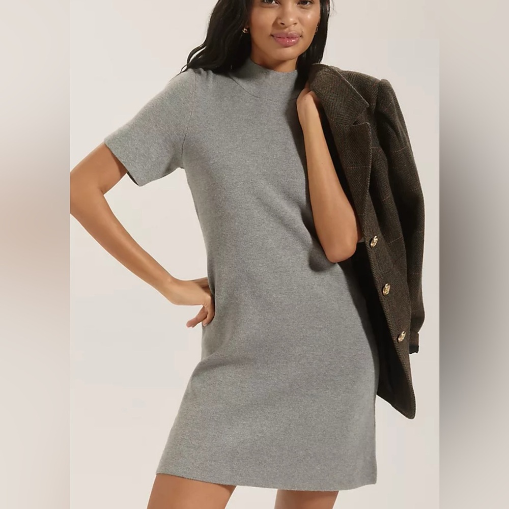 Anthropologie The Nina Gray Short-Sleeve Mock-Neck Mod Mini Dress Large